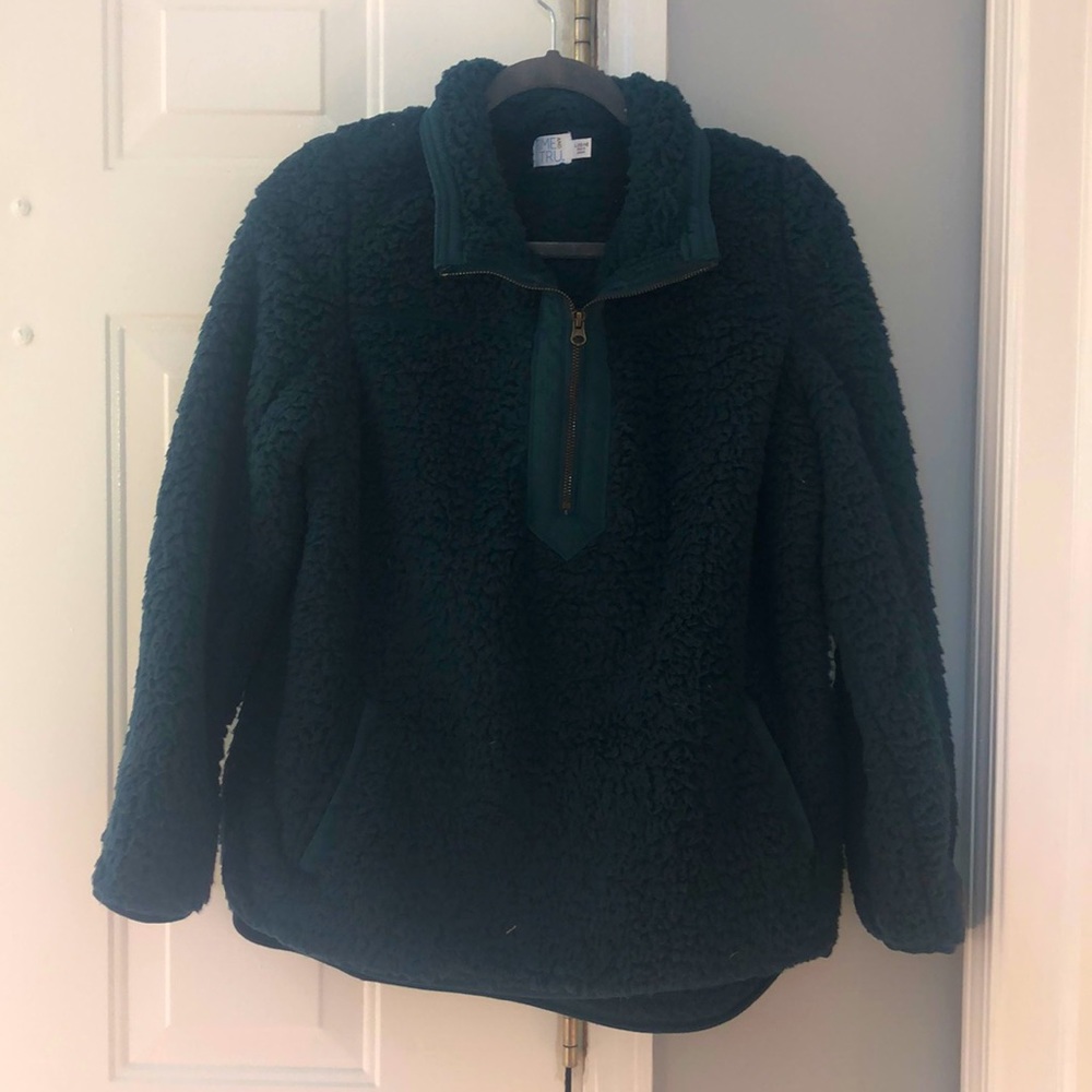 Long sleeve dark green loose Sherpa Zip Up